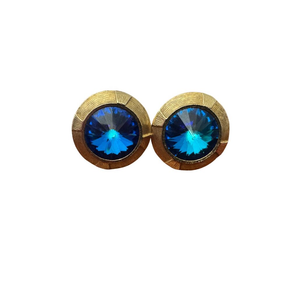 Anson Signed Blue Rivoli Crystal Gold Tone Cufflinks Vintage - Picture 7 of 11